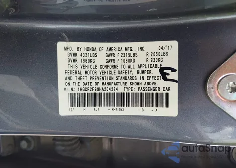 2017 Honda Accord Ex-L from USA, damaged, VIN 1HGCR2F99HA204274